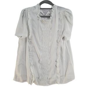 White Sheer Blouse Lace Front Ruffled Neckline Short Sleeves Women's Size L